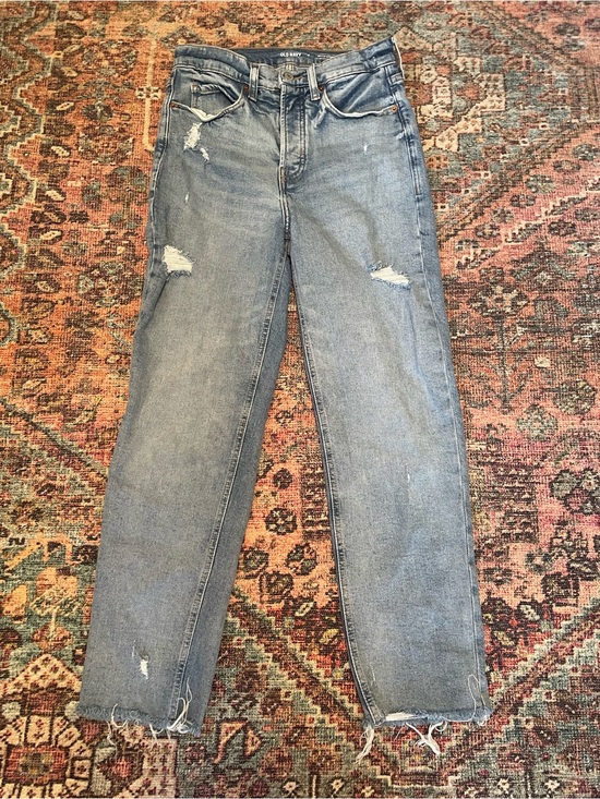 Old Navy Denim - Old Navy Women's Light Blue Distressed Sky-Hi Straight Cut Botton-Fly Jeans